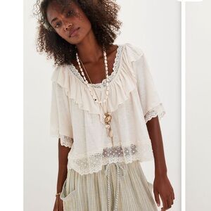 Free People Lulu Ruffles Lace Trims Cute Knit Top XL